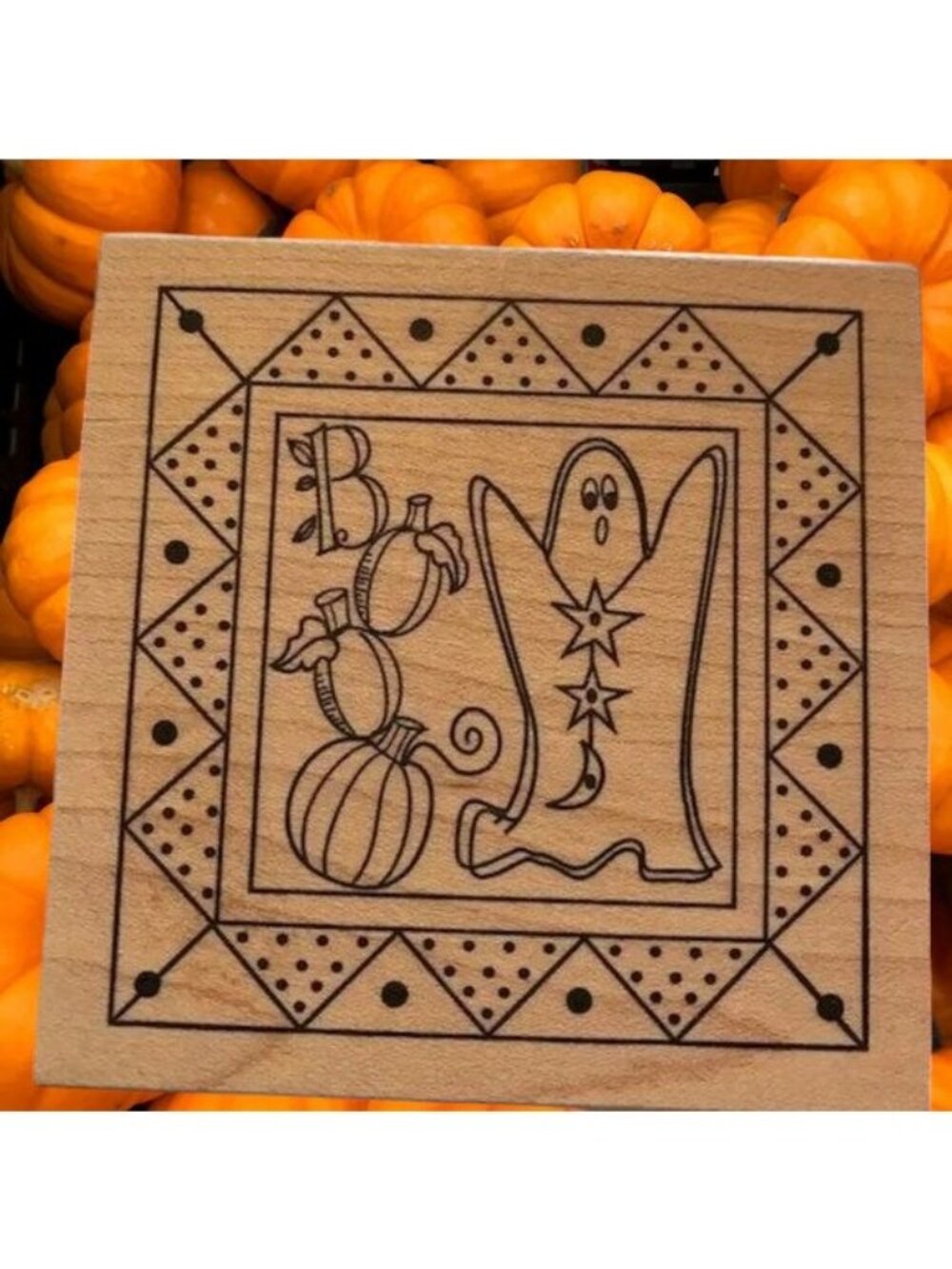 VTG Halloween Rubber Stamp Wood Boo Ghost Outlines Spooky Fright Night 2.75 in L